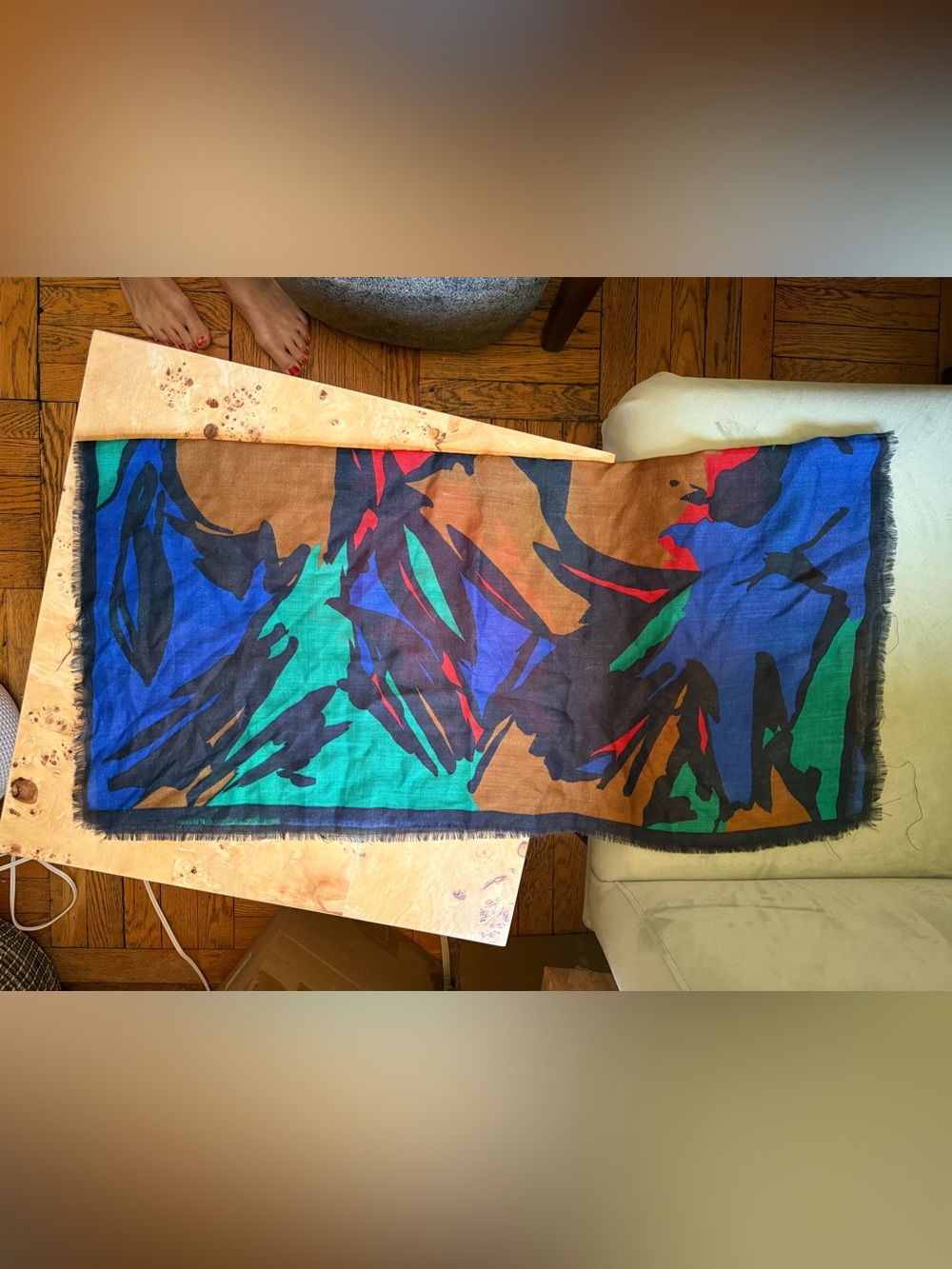 Vintage Blue Green Black Brown Abstract Print Scarf